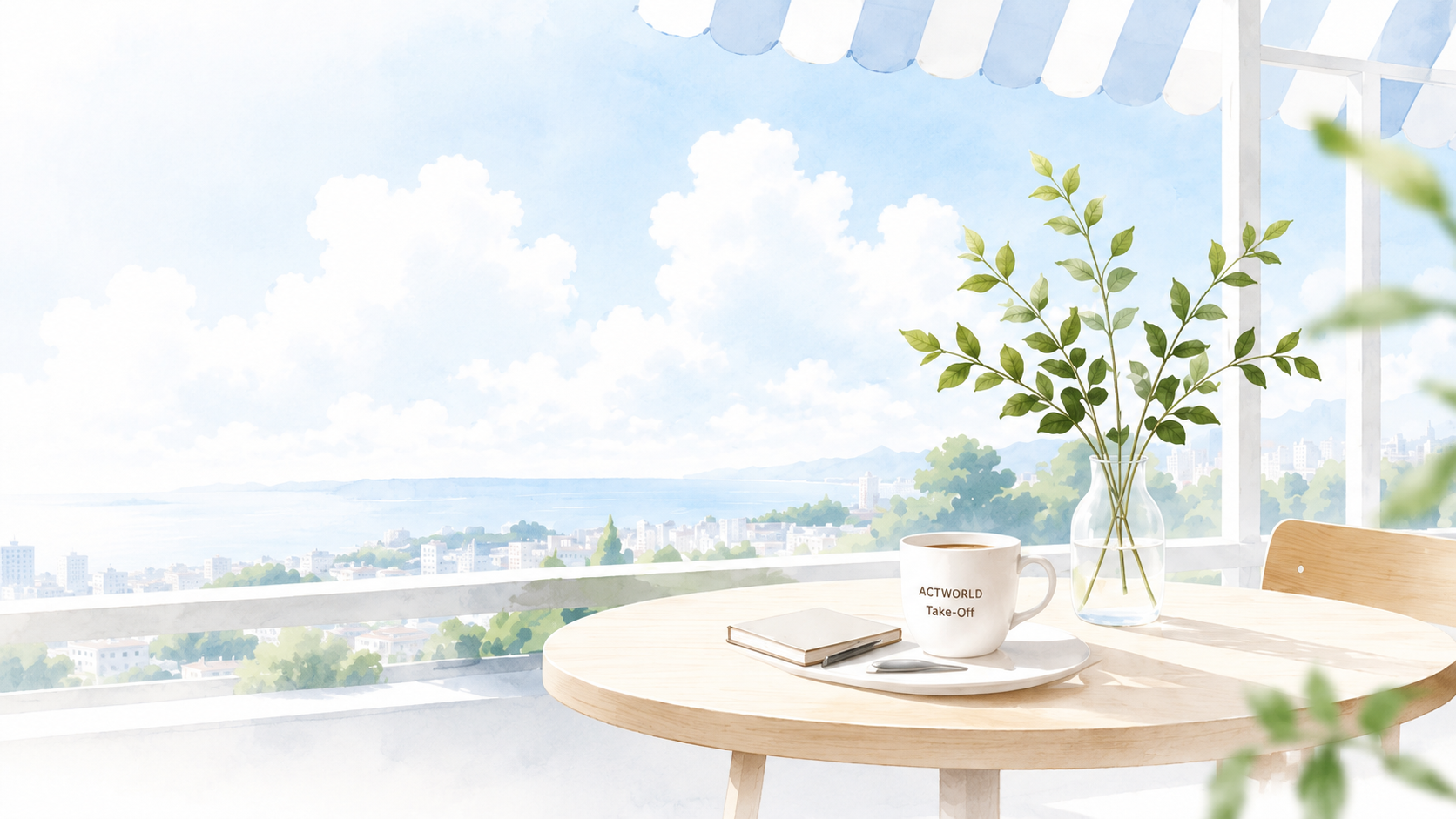 Open cafe terrace with blue sky and coffee
